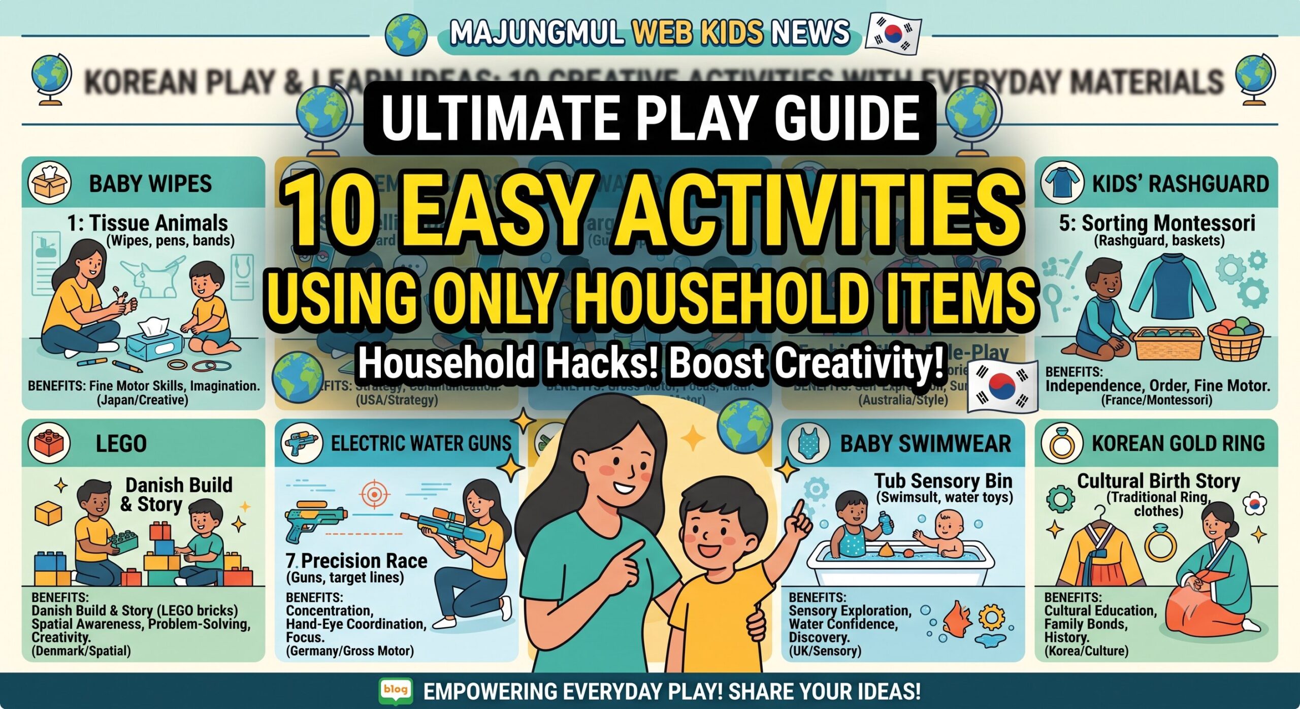 “10 Everyday Items Turned Into Genius Play Ideas by Moms Around the World” meta_description: “Discover 10 creative and educational play ideas from moms around the world using everyday items like baby wipes, LEGOs, and water guns. Boost your child’s brain development today!”